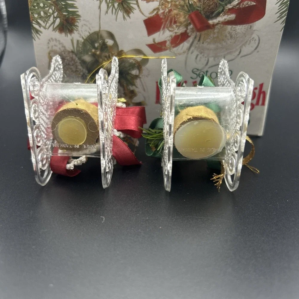 Set Of 2 Holiday Sleigh  Santa's Sleigh Christmas Tree Ornaments Decorated